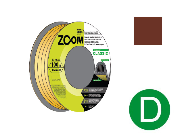 Уплотнитель "D" коричневый 9x7,5мм сдвоенный профиль (2х50м) ZOOM CLASSIC Уплотнитель "D" коричневый 9x7,5мм сдвоенный профиль (2х50м) ZOOM CLASSIC