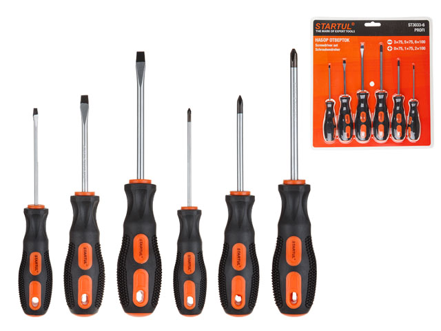 Набор отверток 6шт (SL3х75,5х75,6х100 PH0х75,1х75,2х100) STARTUL PROFI (ST3033-6) (рукоятка Anti slip) Набор отверток 6шт (SL3х75,5х75,6х100 PH0х75,1х75,2х100) STARTUL PROFI (ST3033-6) (рукоятка Anti slip)