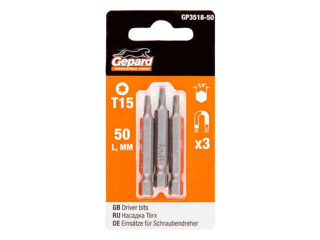 Насадка TORX T15 50мм 3шт GEPARD (GP3518-50) (бита звездочка шестилучевая звезда сталь S2 магнитная) Насадка TORX T15 50мм 3шт GEPARD (GP3518-50) (бита звездочка шестилучевая звезда сталь S2 магнитная)