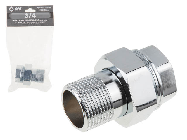 Американка прямая 3/4" вн.-нар. ХРОМ, AV Engineering (инд. упак.) (с уплотнительным кольцом) Американка прямая 3/4" вн.-нар. ХРОМ, AV Engineering (инд. упак.) (с уплотнительным кольцом)