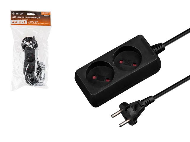 Удлинитель 3м (2 роз., 2,2кВт, б/з, ПВС 2х0,75) черный, Юпитер (ЮПИТЕР) Удлинитель 3м (2 роз., 2,2кВт, б/з, ПВС 2х0,75) черный, Юпитер (ЮПИТЕР)