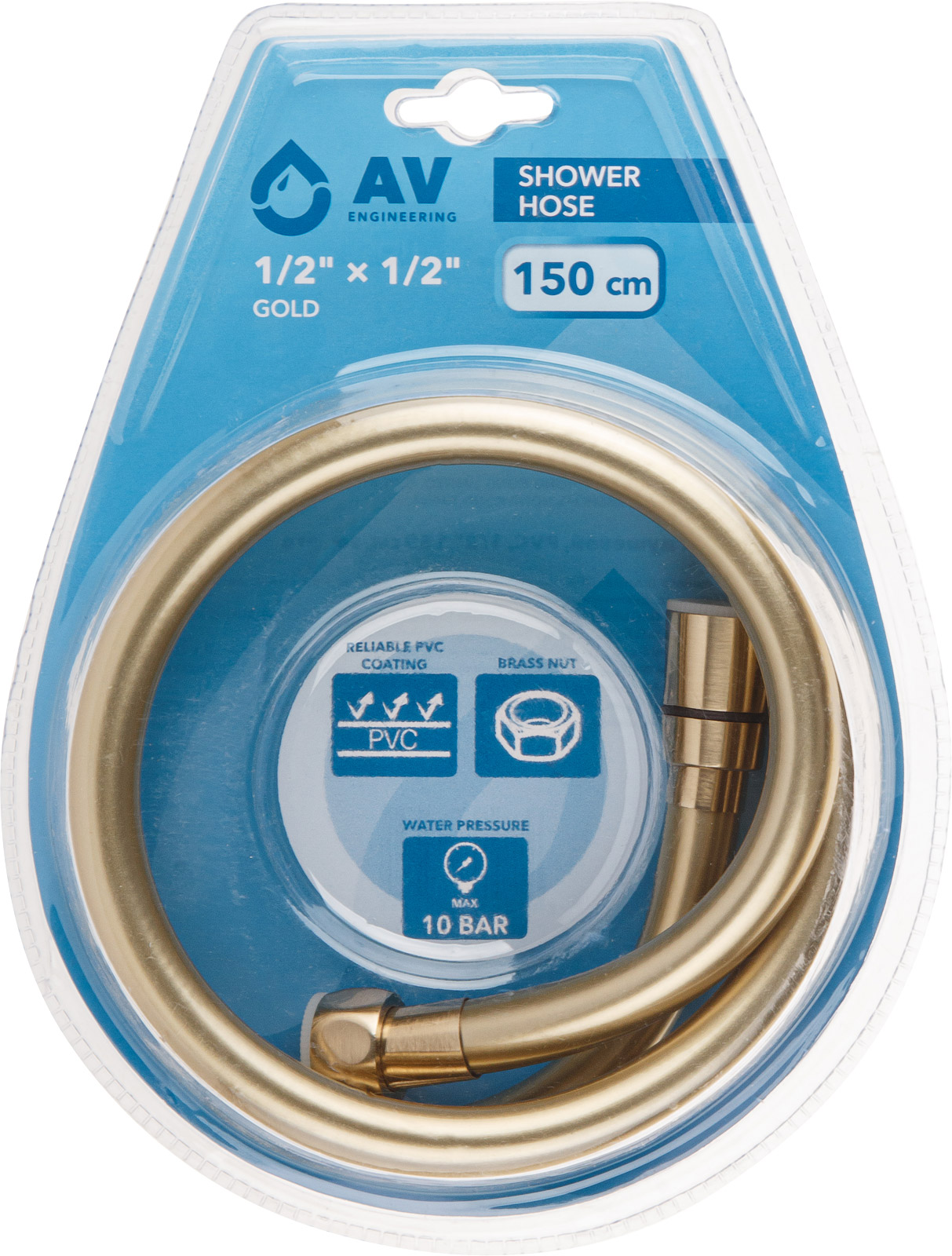 Шланг душевой, PVC, 1/2" г-г 150 см, золото, AV Engineering Шланг душевой, PVC, 1/2" г-г 150 см, золото, AV Engineering