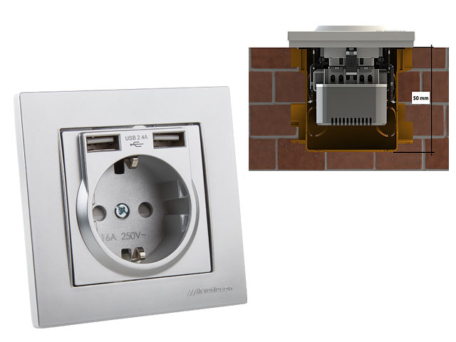 Розетка 1-ая (скрытая, с/з) + 2 USB серебро, RITA, MUTLUSAN Розетка 1-ая (скрытая, с/з) + 2 USB серебро, RITA, MUTLUSAN