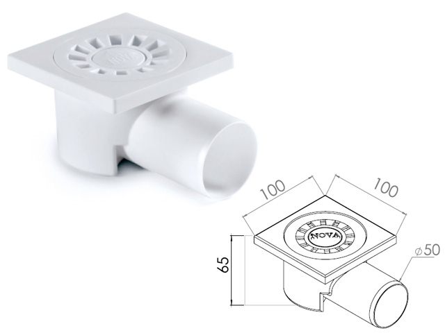 Сливной трап горизонтальный D 50 решетка пласт. 100х100 мм, NOVA Сливной трап горизонтальный D 50 решетка пласт. 100х100 мм, NOVA