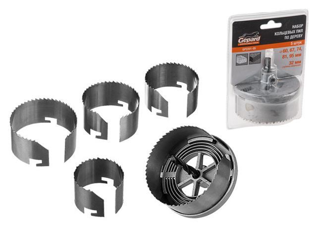 Набор кольцевых пил по дереву 60-95мм 5 предметов GEPARD (GP2201-05) (коронка по дереву, набор пильных венцов) Набор кольцевых пил по дереву 60-95мм 5 предметов GEPARD (GP2201-05) (коронка по дереву, набор пильных венцов)