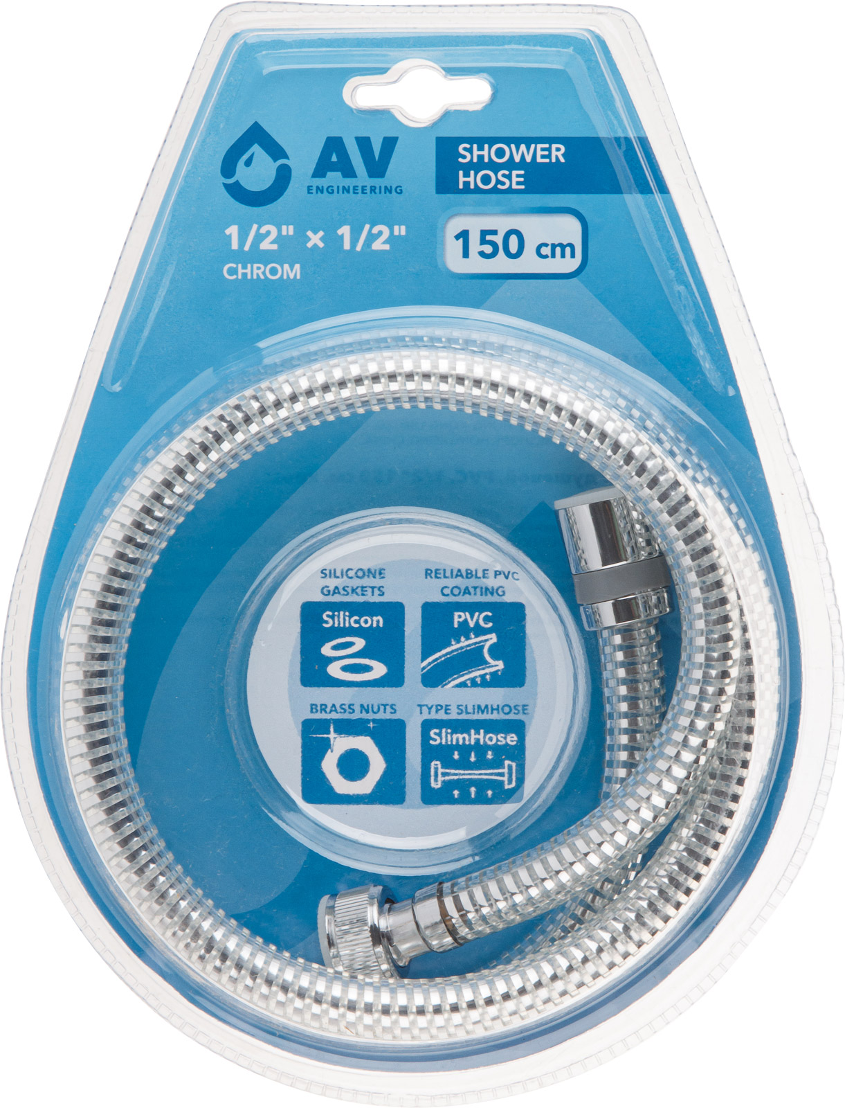 Шланг душевой PVC, 1/2" г-г 150 см, хром, AV Engineering Шланг душевой PVC, 1/2" г-г 150 см, хром, AV Engineering