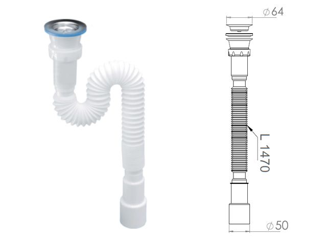 Сифон 1 1/2"х40/50 гофрированный (удлинённый), выпуск 64мм, AV Engineering Сифон 1 1/2"х40/50 гофрированный (удлинённый), выпуск 64мм, AV Engineering