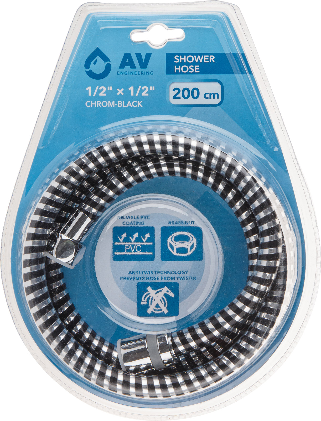 Шланг душевой, PVC, 1/2" г-г 200 см, хром-черн., AV Engineering Шланг душевой, PVC, 1/2" г-г 200 см, хром-черн., AV Engineering